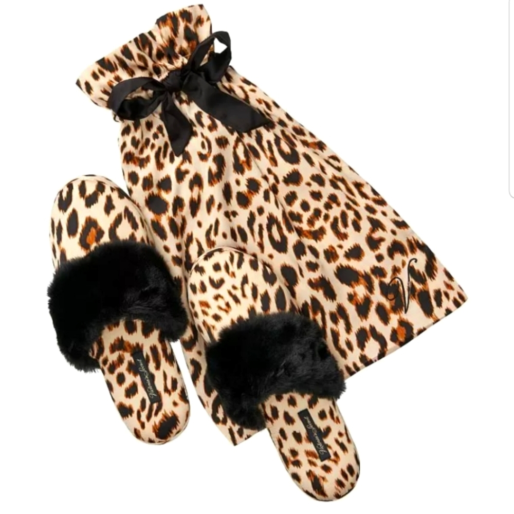 VICTORIA'S SECRET SATIN FUR LEOPARD SLIPPERS